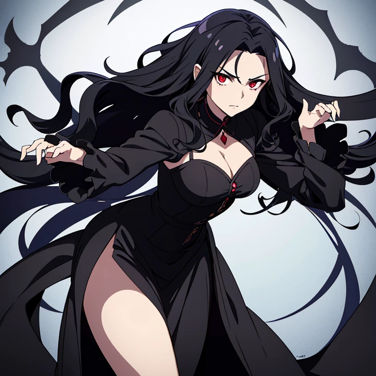 (masterpiece), mature vampire girl with long curly black hair in ponytail with bangs wearing sleek black gown with side slits, detailed, centered, perfect hands, expressive eyes, dramatic pose, powerful pose