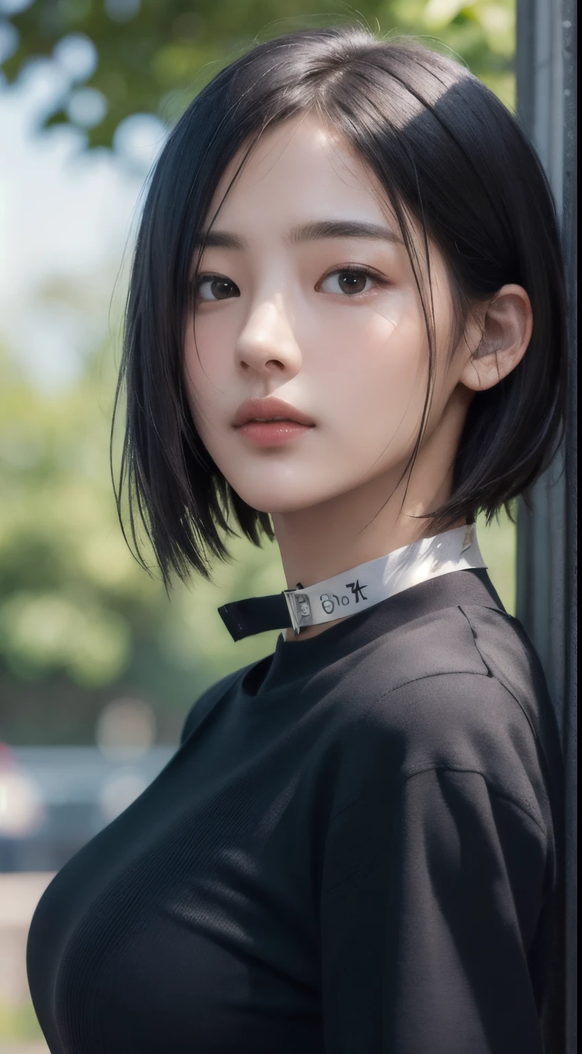 Photorealistic, masutepiece, Best Quality, Raw photo, 1girl in, Solo, handsome short hair, Detailed face, alluring face, Black shirt with collar, medium breasts, Dynamic Pose, Looking at Viewer, From below, Detailed background, fine detailed, intricate detailes, Ray tracing, depth of fields, lowkey, nffsw