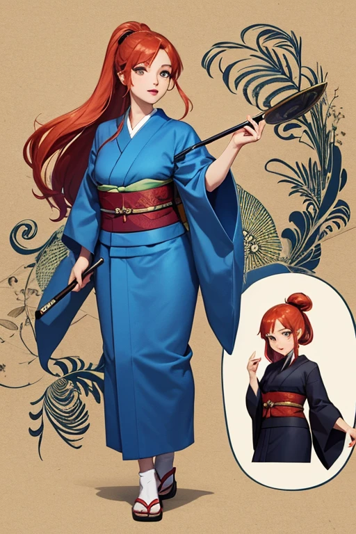 ((porte long kimono japonais)) ;une femme avec des cheveux rouges et un kimono japonais ,Kim Possible, illustration dessinée, dans le style dessin animé, personnage d’animation, Personnage de dessin animé, bande dessinée, Mary Jane, taille, inspiré par Daphne McClure, dessin animé, Photo de Slim Girl, , she is well covered only her face can be seen, position de combat, dans un dojo de combat à l'épée