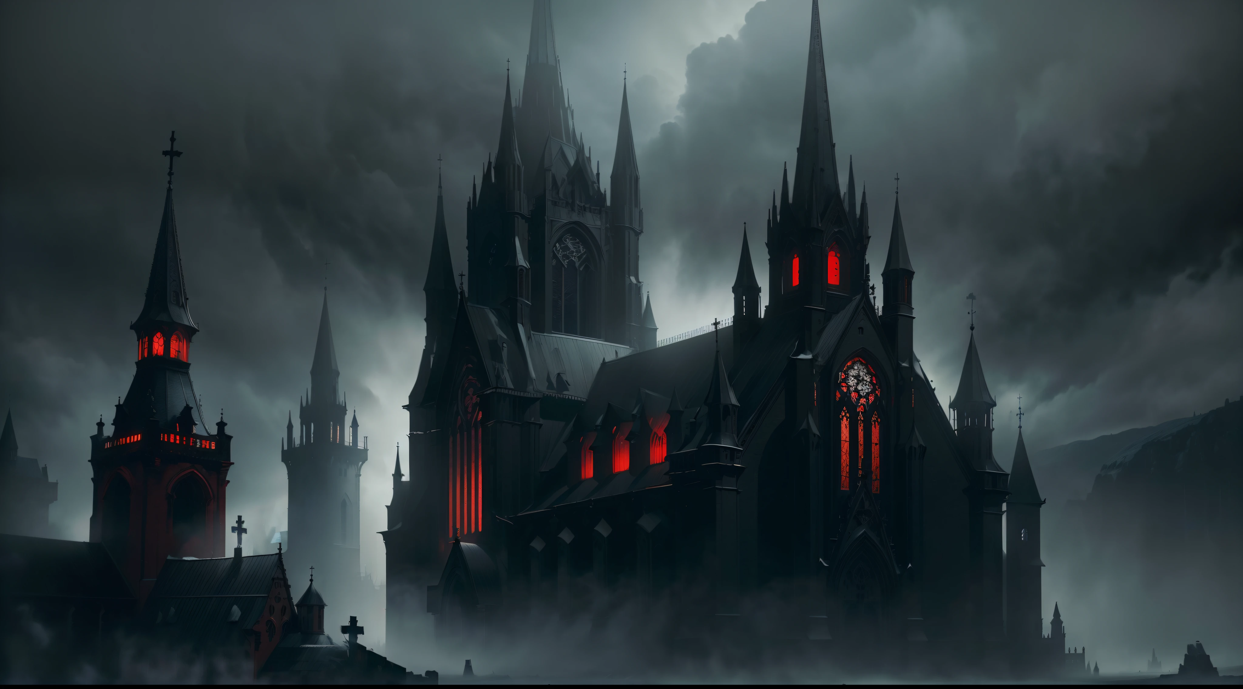 (best quality,4k,8k,highres,masterpiece:1.2),ultra-detailed,dark fortress with giant red windows in the distance, dense fog, ominous church, horror, gothic, spooky, misty landscape, gloomy atmosphere, eerie silhouettes, chilling darkness, haunting ambiance, dramatic lighting, haunting shadows, desolate beauty, mysterious aura