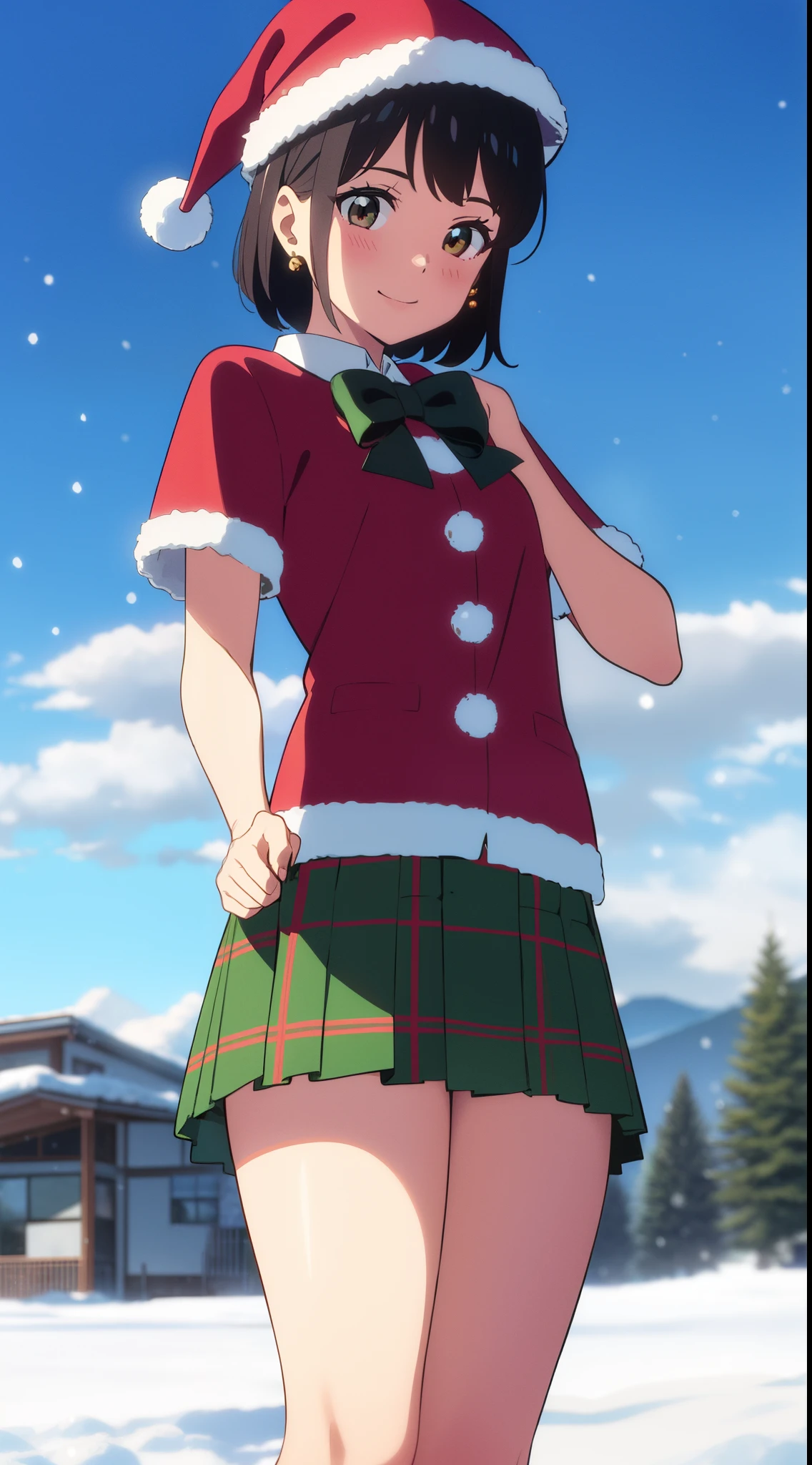shinkai makoto, kimi no na wa., 1girl, bangs, black hair, blush, bright eyes, brown eyes, bow, red bow, ribbon, red ribbon, short hair, medium breats, solo, perfect hands perfect anatomy, sweet face, day, outdoors, winter scenery, snow, steam, cloud, Against the background of winter scenery, Santa Claus costume, Christmas uniform, Christmas shirt, red Christmas shirt, skirt, plaid skirt, green plaid skirt, short sleeves, candy cane stockings, jingle bell earrings, Santa Claus hat, smile, happy, school