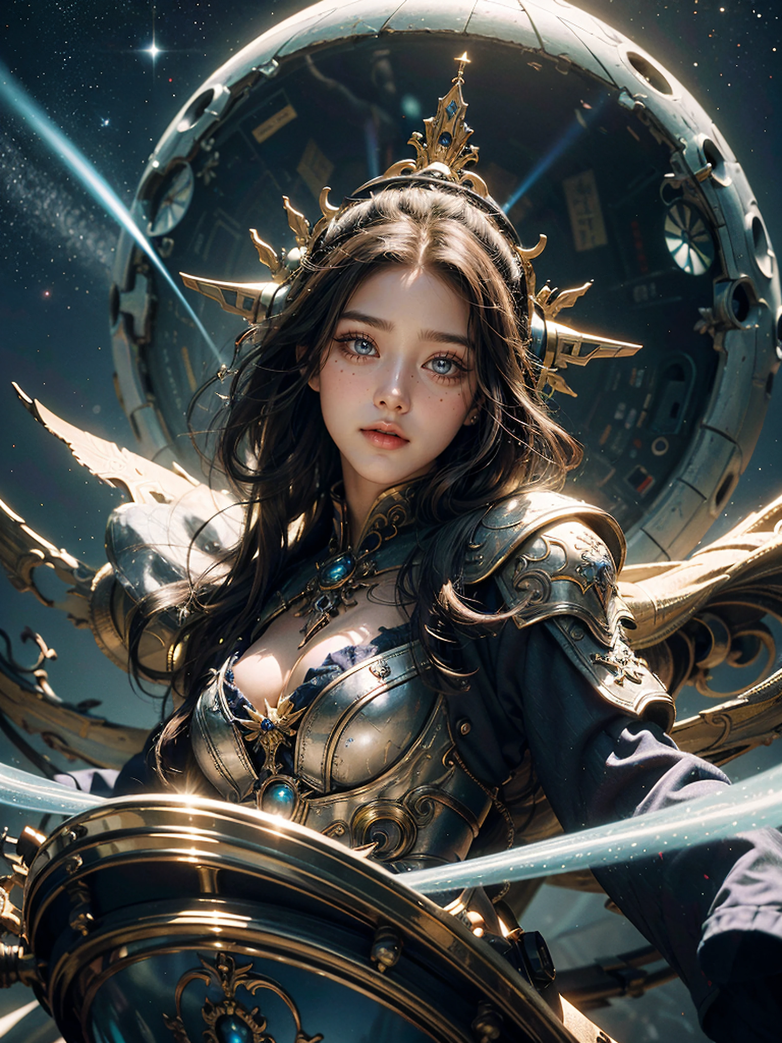 Zerg Queen Beautiful Girl: Ranlinger, 1, (Valkyrie:1.6), long twintail Hair, oil, Romanticism painting, beautiful Perfect Face, Soft Skin, Perfect Face, Yasutomo Oka's painting style,  The chest of the clothes is wide open, breasts exposed, cleavage is exposed, Add light gold and purple, Add Light silver, Intricate details, Splash screen, 8K resolution, masterpiece, Serious, Sharp Eyes, Break, Blonde, big fairy wings on back, dynamic confident poses, long transparent golden cape, (mysterious magic circle background:1.3), Colorful background, universe