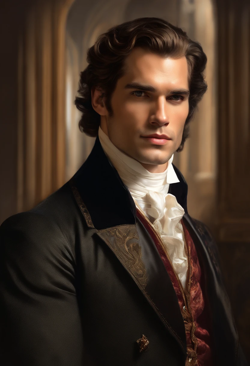 Painting of a handsome and masculine man, ((with long, falling over his shoulders)) and an embroidered masculine suit, ((Duke, from the Victorian Era)), ((Henry Cavill style)), in the background of a Paris brothel, Bowater art style, baroque digital painting, renaissance digital painting, masterpiece! inspired by Franz Xaver Winterhalter, inspired by Friedrich von Amerling, beautiful character painting, beautiful digital painting, inspired by Thomas Lawrence, beautiful yywater painting, refraction, reflections, mirrors, prisms, sunlight, bright lights!! Complex, elegant, highly detailed digital painting, art station, concept art, sharp and soft focus, illustration, art by ( ( ( ( Artgerm ) ) ) ) and ( Greg Rutkowski )! and (((Alphonse Mucha))), eyes reflecting in eyes reflecting to infinity