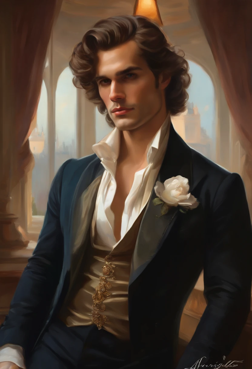 Painting of a handsome and masculine man, ((with long, falling over his shoulders)) and an embroidered masculine suit, ((Duke, from the Victorian Era)), ((Henry Cavill style)), in the background of a Paris brothel, Bowater art style, baroque digital painting, renaissance digital painting, masterpiece! inspired by Franz Xaver Winterhalter, inspired by Friedrich von Amerling, beautiful character painting, beautiful digital painting, inspired by Thomas Lawrence, beautiful yywater painting, refraction, reflections, mirrors, prisms, sunlight, bright lights!! Complex, elegant, highly detailed digital painting, art station, concept art, sharp and soft focus, illustration, art by ( ( ( ( Artgerm ) ) ) ) and ( Greg Rutkowski )! and (((Alphonse Mucha))), eyes reflecting in eyes reflecting to infinity