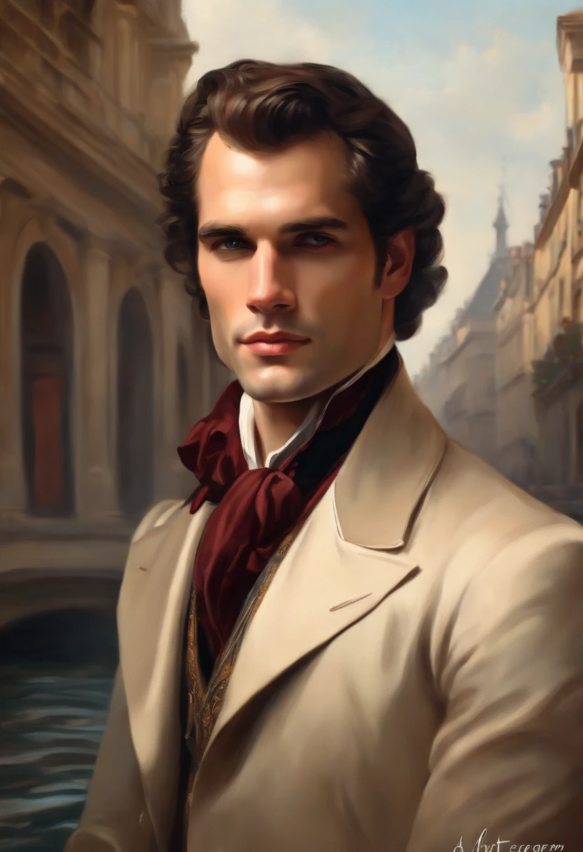 Painting of a handsome and masculine man, ((with long, falling over his shoulders)) and an embroidered masculine suit, ((Duke, from the Victorian Era)), ((Henry Cavill style)), in the background of a Paris brothel, Bowater art style, baroque digital painting, renaissance digital painting, masterpiece! inspired by Franz Xaver Winterhalter, inspired by Friedrich von Amerling, beautiful character painting, beautiful digital painting, inspired by Thomas Lawrence, beautiful yywater painting, refraction, reflections, mirrors, prisms, sunlight, bright lights!! Complex, elegant, highly detailed digital painting, art station, concept art, sharp and soft focus, illustration, art by ( ( ( ( Artgerm ) ) ) ) and ( Greg Rutkowski )! and (((Alphonse Mucha))), eyes reflecting in eyes reflecting to infinity
