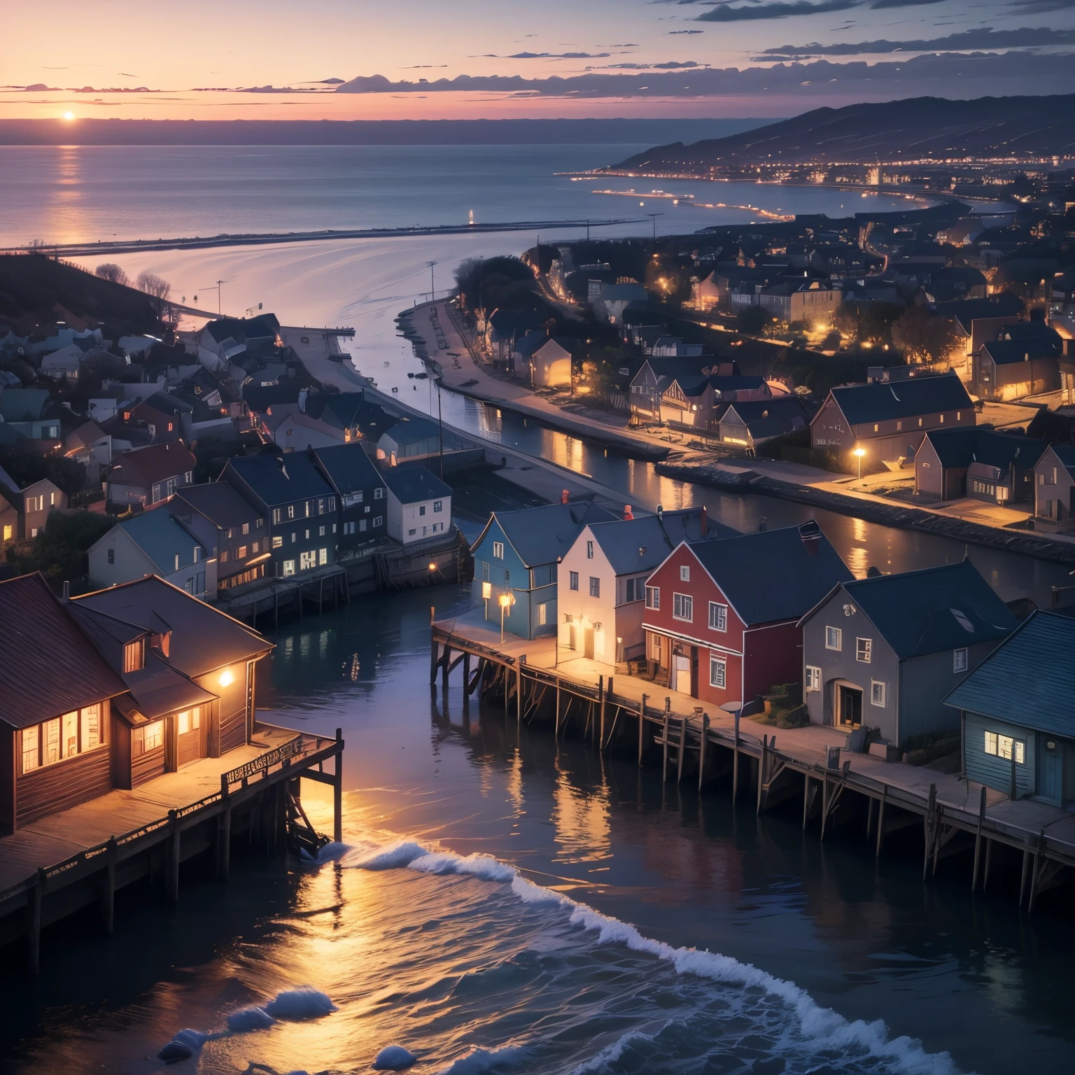 View of a small town by the sea, evening time, Lovecraft myths, Noir, Dark water