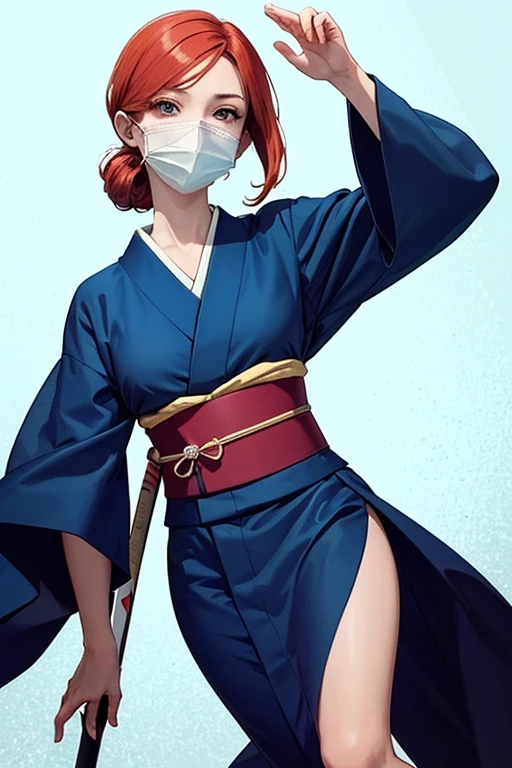 ((porte long kimono japonais))  ;une femme avec des cheveux rouges et un kimono japonais ,Kim Possible, illustration dessinée, dans le style dessin animé, personnage d’animation, Personnage de dessin animé,  bande dessinée, Mary Jane, taille, inspiré par Daphne McClure, dessin animé, Photo de Slim Girl, , she is well covered only her face can be seen, ((position de combat)), ((dans un dojo de combat à l'épée))