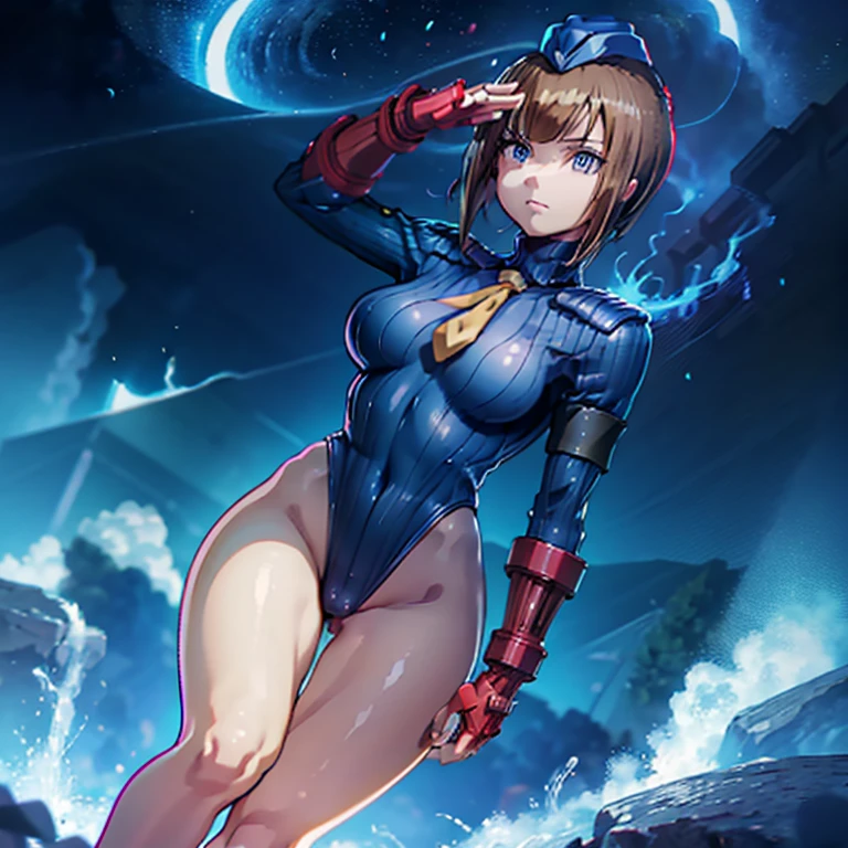 ultra-detailed, Explicit, Beautiful body, Beautiful Nose, Beautiful character design, perfect eyes, perfect face, ultra highres, 4K, beautiful legs, perfect legs, Nice hands, Perfect hand, Masterpiece, Best Quality, Highly detailed, illustration, absurdres, street fighter, doll suit, shadaloo doll, dollsuit, girls, multiple girls, expressionless, blank eyes, looking at viewer, red gloves, emotionless, black latex, corrution, mind control, female combatant, full body, hypnotized, unhappy trance, full body suit, ribbed bodysuit, both arms at side, stand up straight, obey, perfect female body, extremely glossy latex, hypnosis, hypnoLora, empty eyes, Mind control device, poses, submissive_pose, Slave, hat, necktie, stand up straight, standing, standing at attention, hat, necktie, belt, extending the right arm from the shoulder into the air with a straightened hand, nazi saluting, military, military saluting, salute, right hand saluting, left hand at side, latex, ribbed bodysuit, wide hip, thicc, a curvy body, heaven burn red, Kozue Hiiragi, short hair, brown hair, blue eyes