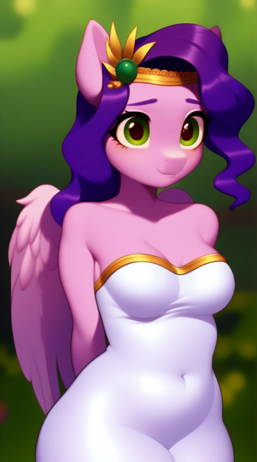 (score_9), (source_pony), (solo), (pegasus), ((anthro pipp petals :1.1)), (strapless tight dress), sexy, nervous , long hair, anatomically correct, night garden, standing near fountain, small breasts, half body, anime art style, solo, light purple fur, green eyes, arms behind back, hourglass figure, curvy, wide hips, plump body, young, short, chubby, cute, high res,