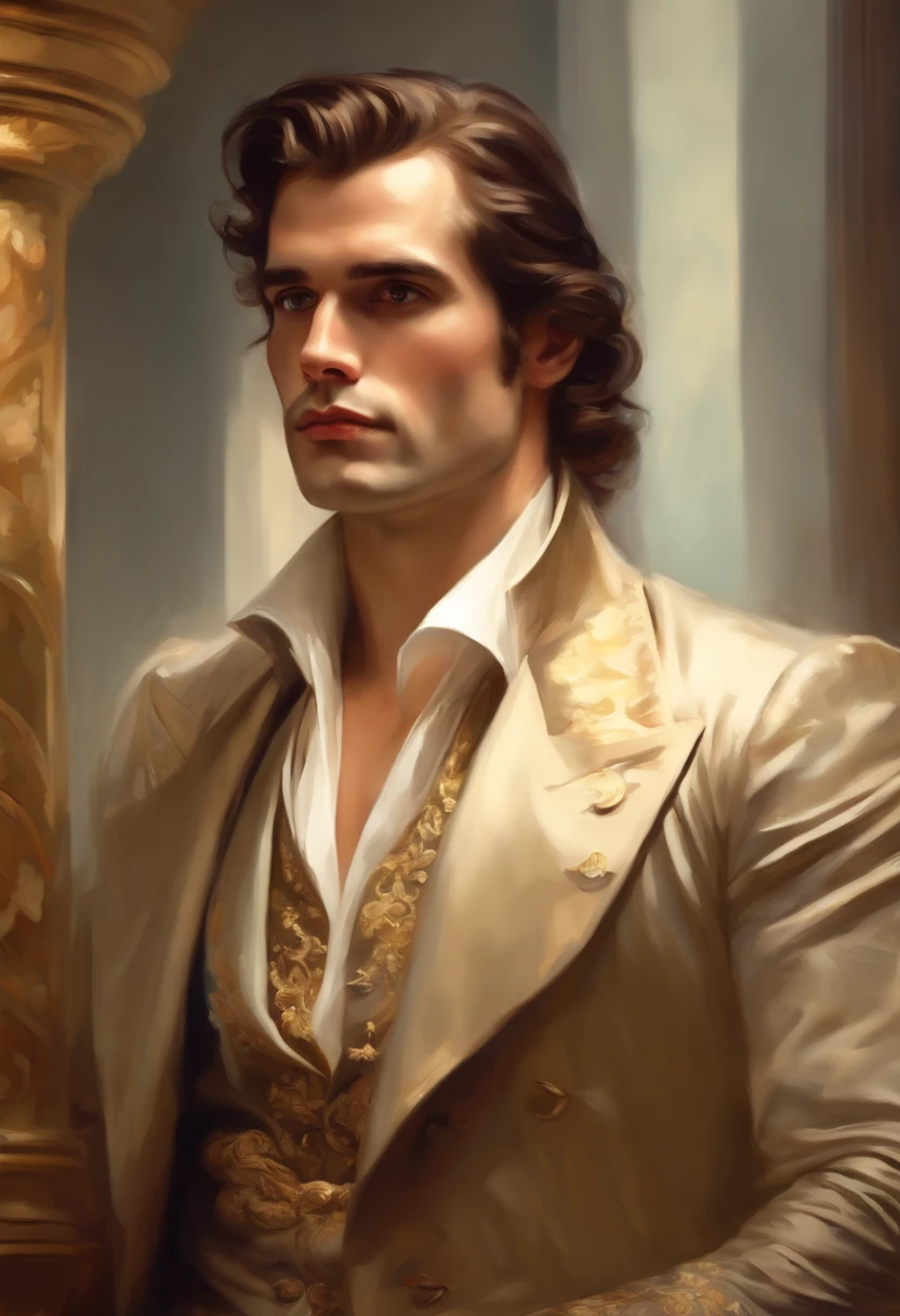 Painting of a handsome and masculine man, ((with long, falling over his shoulders)) and an embroidered masculine suit, ((Duke, from the Victorian Era)), ((Henry Cavill style)), in the background of a Paris brothel, Bowater art style, baroque digital painting, renaissance digital painting, masterpiece! inspired by Franz Xaver Winterhalter, inspired by Friedrich von Amerling, beautiful character painting, beautiful digital painting, inspired by Thomas Lawrence, beautiful yywater painting, refraction, reflections, mirrors, prisms, sunlight, bright lights!! Complex, elegant, highly detailed digital painting, art station, concept art, sharp and soft focus, illustration, art by ( ( ( ( Artgerm ) ) ) ) and ( Greg Rutkowski )! and (((Alphonse Mucha))), eyes reflecting in eyes reflecting to infinity
