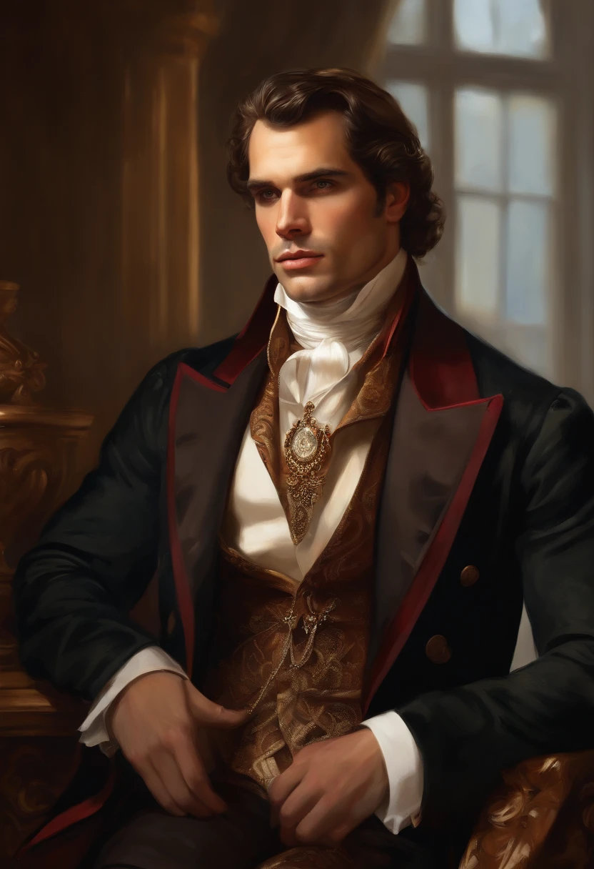 Painting of a handsome and masculine man, ((with long, falling over his shoulders)) and an embroidered masculine suit, ((Duke, from the Victorian Era)), ((Henry Cavill style)), in the background of a Paris brothel, Bowater art style, baroque digital painting, renaissance digital painting, masterpiece! inspired by Franz Xaver Winterhalter, inspired by Friedrich von Amerling, beautiful character painting, beautiful digital painting, inspired by Thomas Lawrence, beautiful yywater painting, refraction, reflections, mirrors, prisms, sunlight, bright lights!! Complex, elegant, highly detailed digital painting, art station, concept art, sharp and soft focus, illustration, art by ( ( ( ( Artgerm ) ) ) ) and ( Greg Rutkowski )! and (((Alphonse Mucha))), eyes reflecting in eyes reflecting to infinity