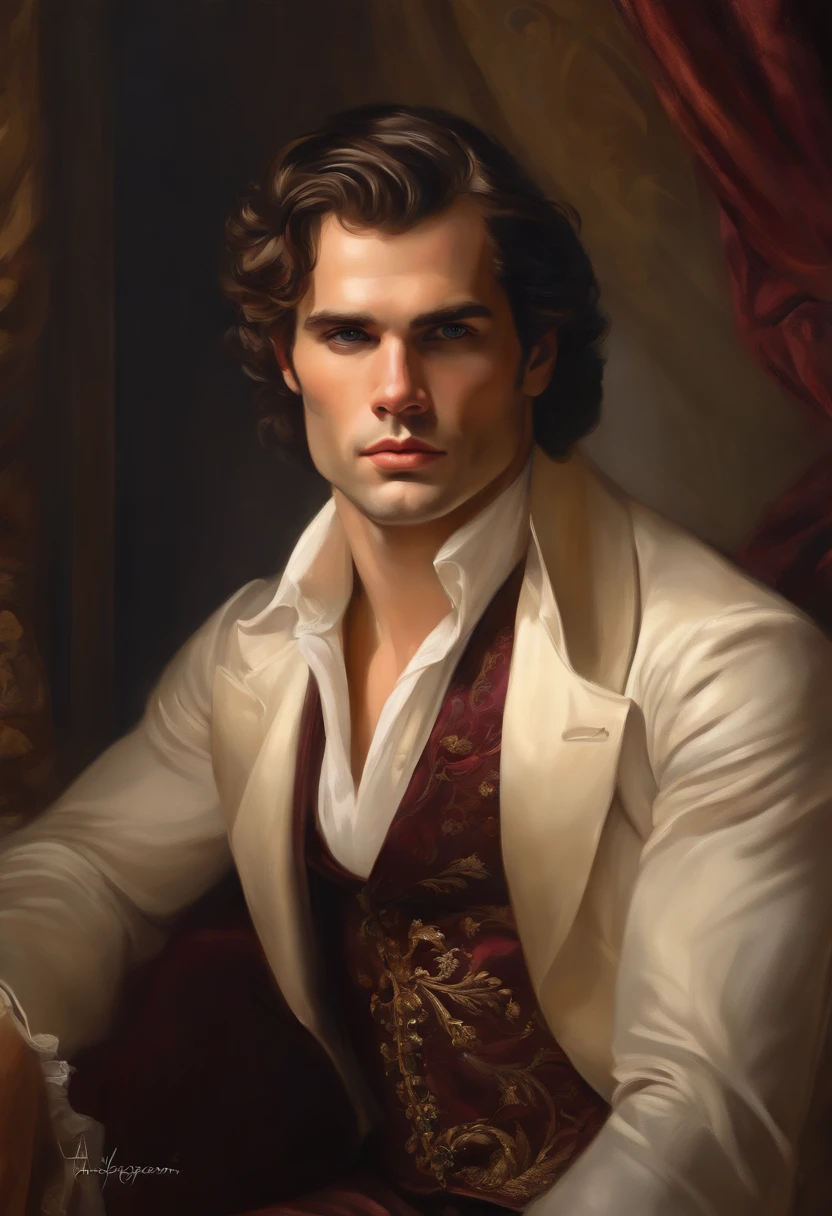 Painting of a handsome and masculine man, ((with long, falling over his shoulders)) and an embroidered masculine suit, ((Duke, from the Victorian Era)), ((Henry Cavill style)), in the background of a Paris brothel, Bowater art style, baroque digital painting, renaissance digital painting, masterpiece! inspired by Franz Xaver Winterhalter, inspired by Friedrich von Amerling, beautiful character painting, beautiful digital painting, inspired by Thomas Lawrence, beautiful yywater painting, refraction, reflections, mirrors, prisms, sunlight, bright lights!! Complex, elegant, highly detailed digital painting, art station, concept art, sharp and soft focus, illustration, art by ( ( ( ( Artgerm ) ) ) ) and ( Greg Rutkowski )! and (((Alphonse Mucha))), eyes reflecting in eyes reflecting to infinity