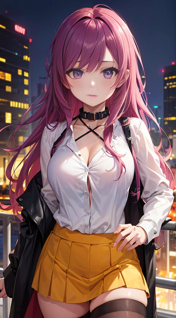 (best quality,8k,highres,masterpiece:1.2),close-up of the upper body of a young girl,sexy,purple hair,long hair,yellow eyes,black skirt,white blouse,city background at night with orange lights,portrait,anime style,colored,hair flowing,bright pink hair,colorful cityscape,mysterious atmosphere,glowing lights,night scene,urban setting,detailed clothes,posing with confidence,sensuality,feminine beauty,striking appearance,mesmerizing gaze,captivating expression.