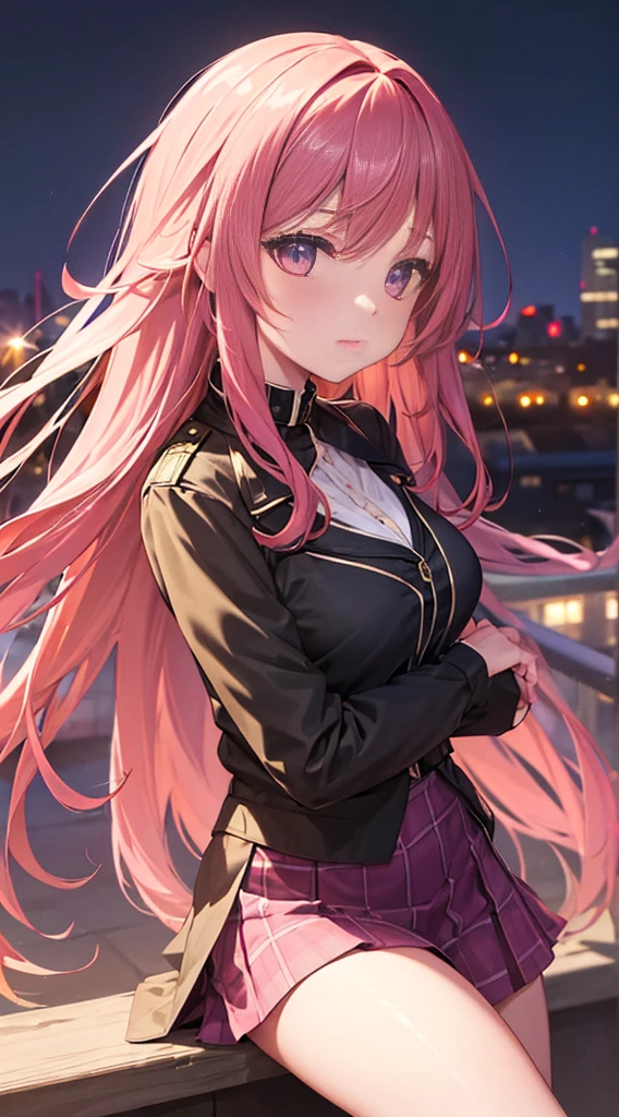 cowboy shot, minskirt, skirt (masterpiece), best quality, highly detailed face, (SHARP details), highly detailed, expressive eyes, SHARP detail expressive eyes, (SHARP detail perfect face), (cat ears), (pastel, cute, sparkles), maroon red hair,(shiny lipstick) (pink eyes), long hair, detailed face, medium breasts, long eyelashes, mature, (smirk, closed lips, big plump lips, eyeshadow) shiny skin, beautiful eyes,(detailed eyes, sharp eyes, clear pupils:0.8), blunt bangs, wispy bangs, naughty look