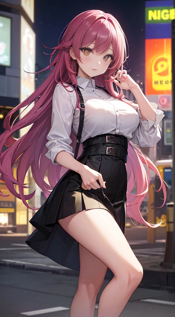 (best quality,8k,highres,masterpiece:1.2),close-up of the upper body of a young girl,sexy,purple hair,long hair,yellow eyes,black skirt,white blouse,city background at night with orange lights,portrait,anime style,colored,hair flowing,bright pink hair,colorful cityscape,mysterious atmosphere,glowing lights,night scene,urban setting,detailed clothes,posing with confidence,sensuality,feminine beauty,striking appearance,mesmerizing gaze,captivating expression.