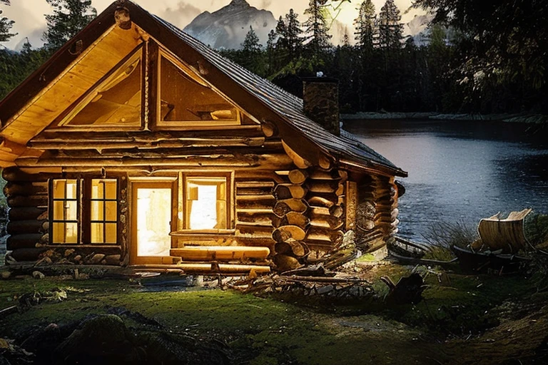 warm and welcoming cabin in the woods, lake, dusky weather in a moist forest, axe in a woodcutter tree-stump