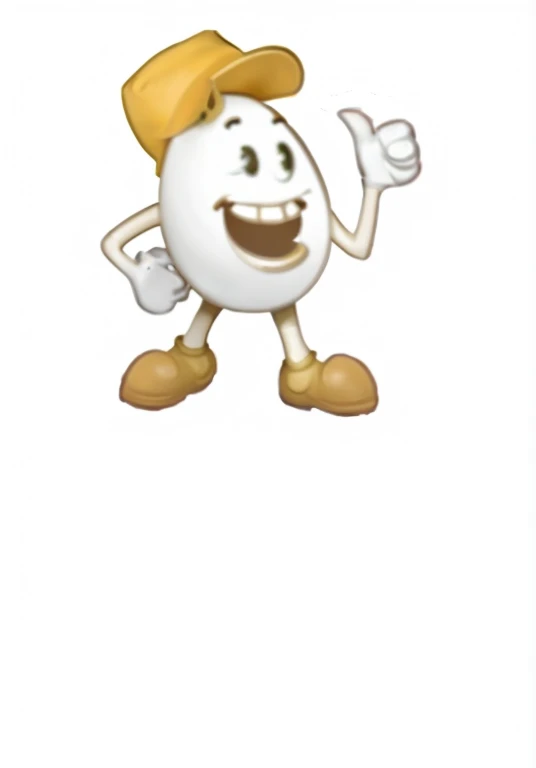 create a drawing of a white chicken egg with arms and hands with a positive gesture and two legs wearing yellow boots with a yellow cap and a smile and two eyes of joy with a full face