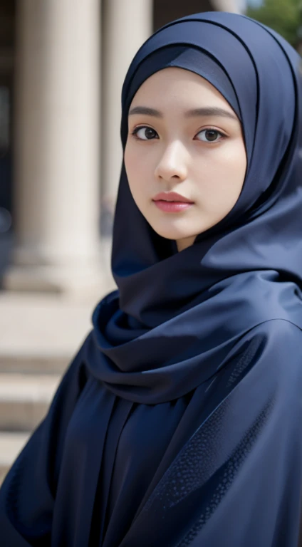 (photorealism:1.2), beautiful Chinese Moslem, very beautiful Chinese Moslem female, long blue hijab and long pattern abaya, very detailed fingers, beauty purple nails, high resolution, 8k, HDR 