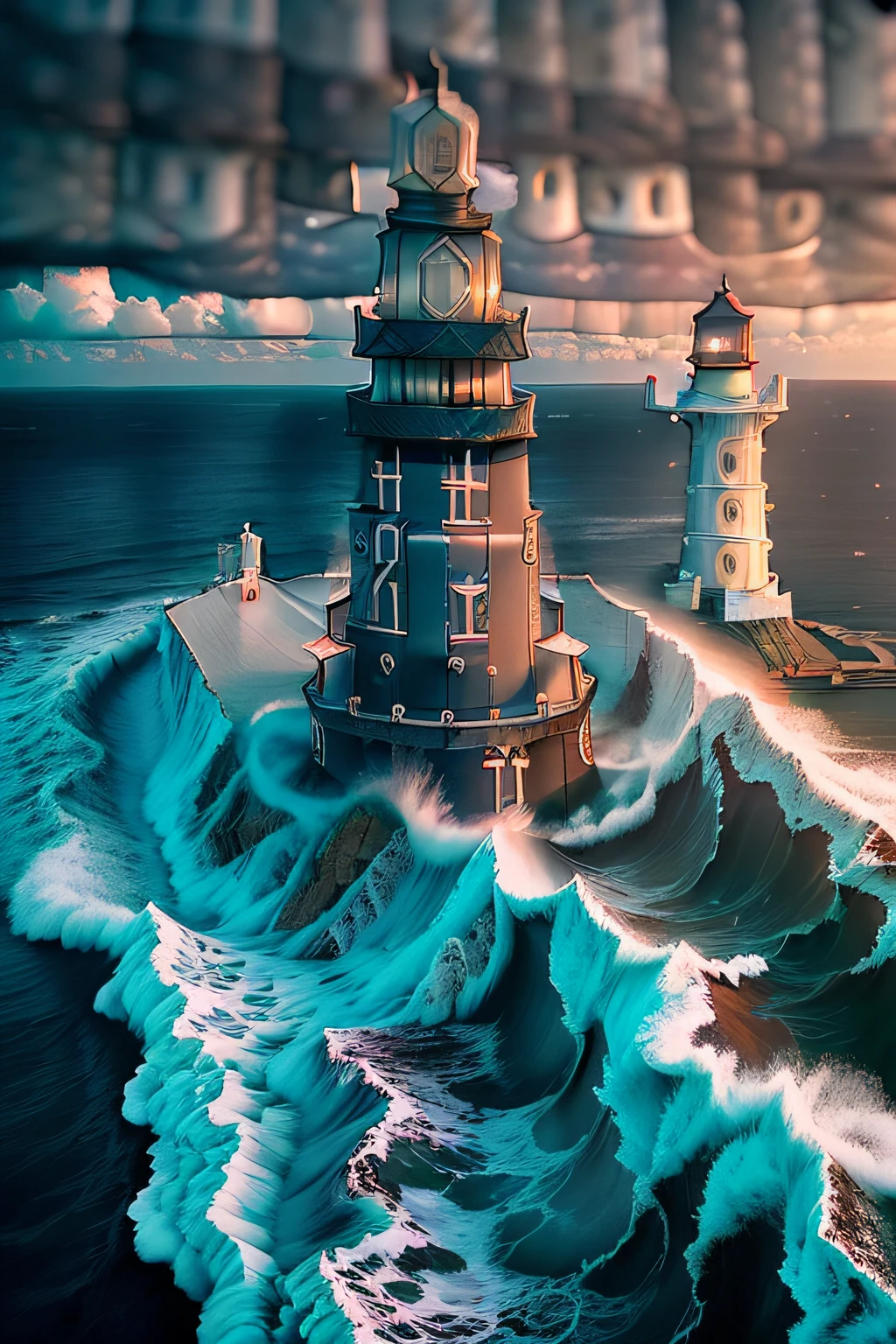 foto tomada desde un faro, (((puedes ver el faro:1.9))) y al fondo grandes olas, waves bigger than the lighthouse, Nazaré waves, olas rompiendo con mucha espuma, The sky is dark, rayos de tormenta en el fondo