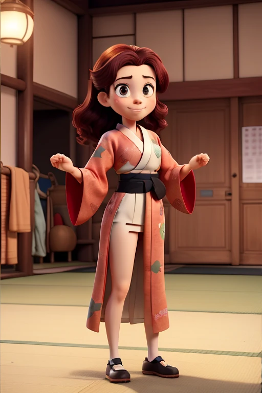 ((porte long kimono japonais)) ;une femme avec des cheveux rouges et un kimono japonais ,Kim Possible, illustration dessinée, dans le style dessin animé, personnage d’animation, Personnage de dessin animé, bande dessinée, Mary Jane, taille, inspiré par Daphne McClure, dessin animé, Photo de Slim Girl, , she is well covered only her face can be seen, ((position de combat)), ((dans un dojo de combat à l'épée)),dojo,dojo,dojo