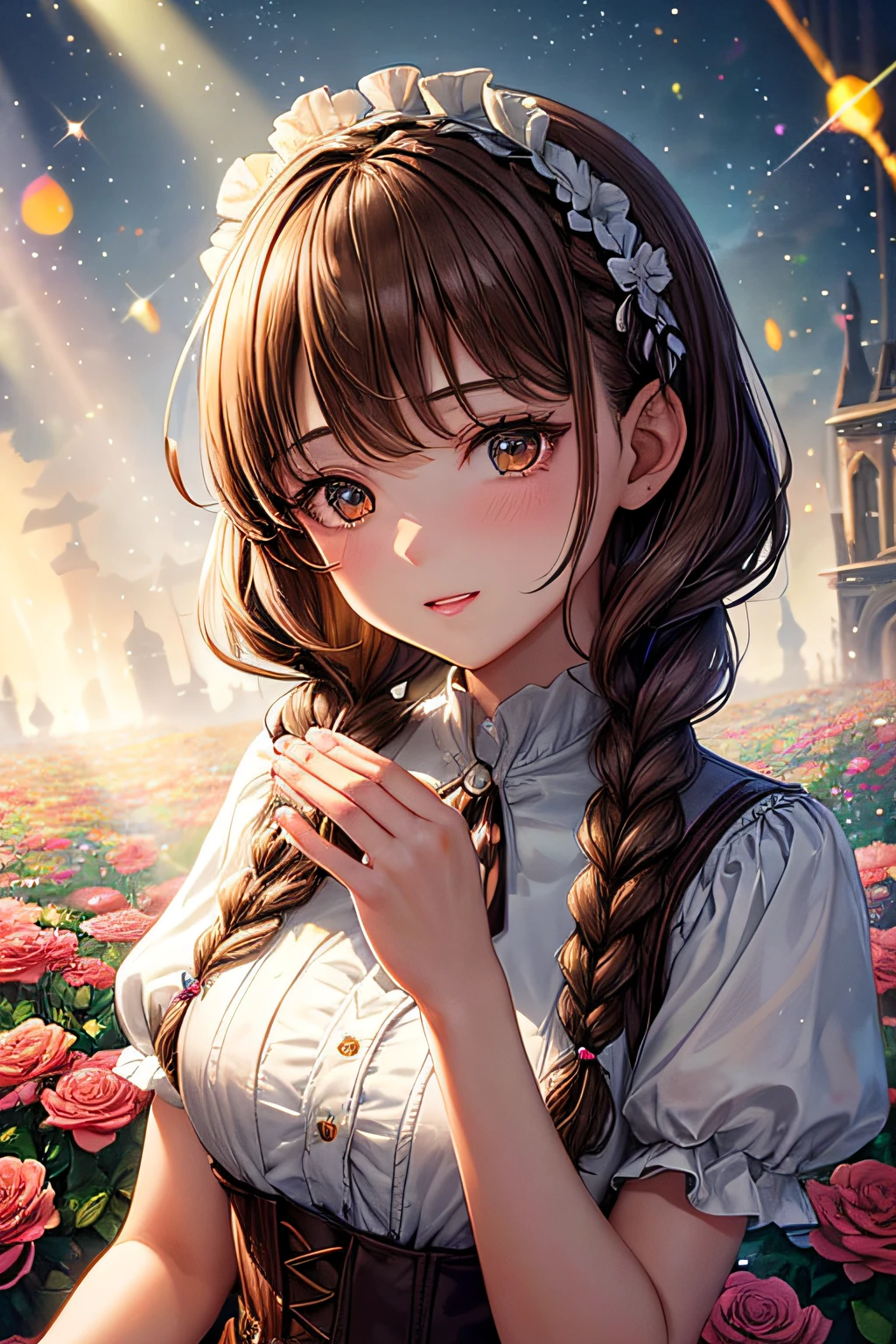 ((worst quality, low-quality)), ((girl with)), ((Brown hair shortcut,Braids on the sides):1.3), plump shiny lips, Beautiful brown eyes, Spoken Heart, (Gothic lolita), Leaning forward, (((Combining beautiful colorful flowers into one))), ((perfect hand:1.5)), confetti glass window background), ((Shining sunlight)), (light Particle, light glow, llight rays:1.4), masutepiece,Best Quality,ultra-detailliert,