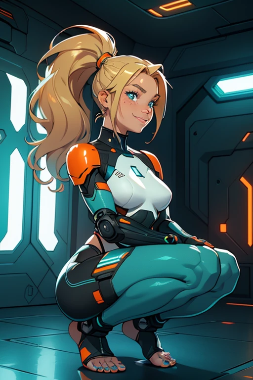 a beautiful, young, t cyborg woman, wearing skintight cybernetic technological, facial freckles, teal toe nail polish, cybernetics in her face, head and arms, visibly barefoot, white, black teal and orange body armor, , with  blonde wavy hair in a short ponytail, in a futuristic room,squatting, smiling.