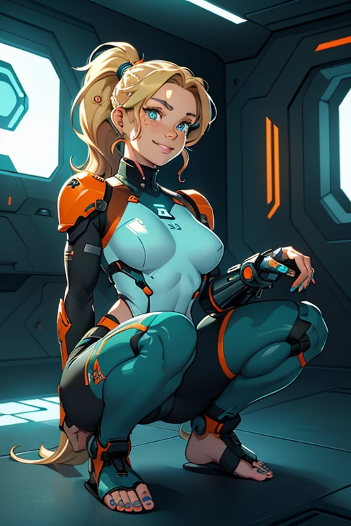 a beautiful, young, t cyborg woman, wearing skintight cybernetic technological, facial freckles, teal toe nail polish, cybernetics in her face, head and arms, visibly barefoot, white, black teal and orange body armor, , with  blonde wavy hair in a short ponytail, in a futuristic room,squatting, smiling.