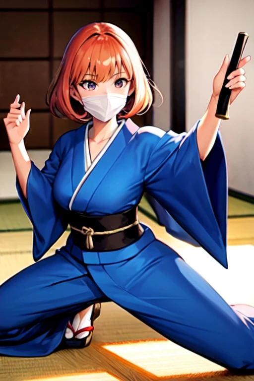 ((porte long kimono japonais))  ;une femme avec des cheveux rouges et un kimono japonais ,Kim Possible, illustration dessinée, dans le style dessin animé, personnage d’animation, Personnage de dessin animé,  bande dessinée, Mary Jane, taille, inspiré par Daphne McClure, dessin animé, Photo de Slim Girl, , she is well covered only her face can be seen, ((position de combat)), ((dans un dojo de combat à l'épée)),dojo,dojo,dojo