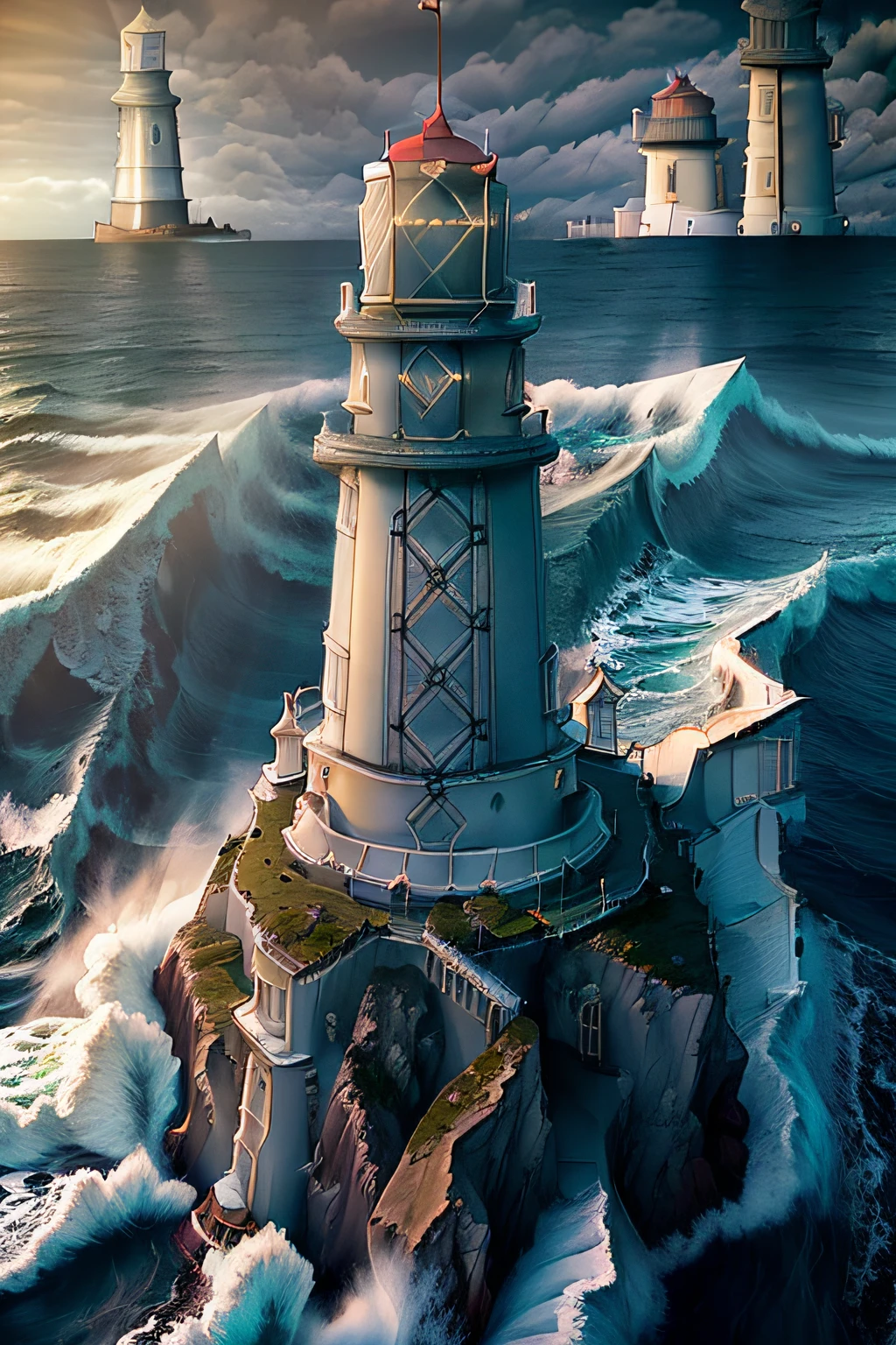 foto tomada desde un faro, (((puedes ver el faro:1.9))) y al fondo grandes olas, waves bigger than the lighthouse, Nazaré waves, olas rompiendo con mucha espuma, The sky is dark, rayos de tormenta en el fondo
