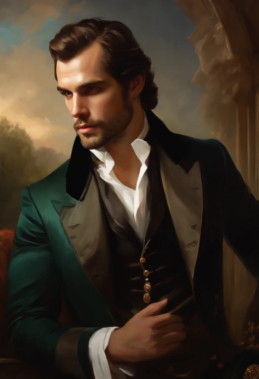 Painting of a handsome man with a beard and manly, ((with long, falling over his shoulders)) and an embroidered masculine suit, ((Duke, from the Victorian Era)), ((Henry Cavill style)), in the background of a brothel Paris, Bowater art style, Baroque digital painting, Renaissance digital painting, masterpiece! inspired by Franz Xaver Winterhalter, inspired by Friedrich von Amerling, beautiful character painting, beautiful digital painting, inspired by Thomas Lawrence, beautiful yywater painting, refraction, reflections, mirrors, prisms, sunlight, bright lights!! Complex, elegant, highly detailed digital painting, art station, concept art, sharp and soft focus, illustration, art by ( ( ( ( Artgerm ) ) ) ) and ( Greg Rutkowski )! and (((Alphonse Mucha))), eyes reflecting in eyes reflecting to infinity