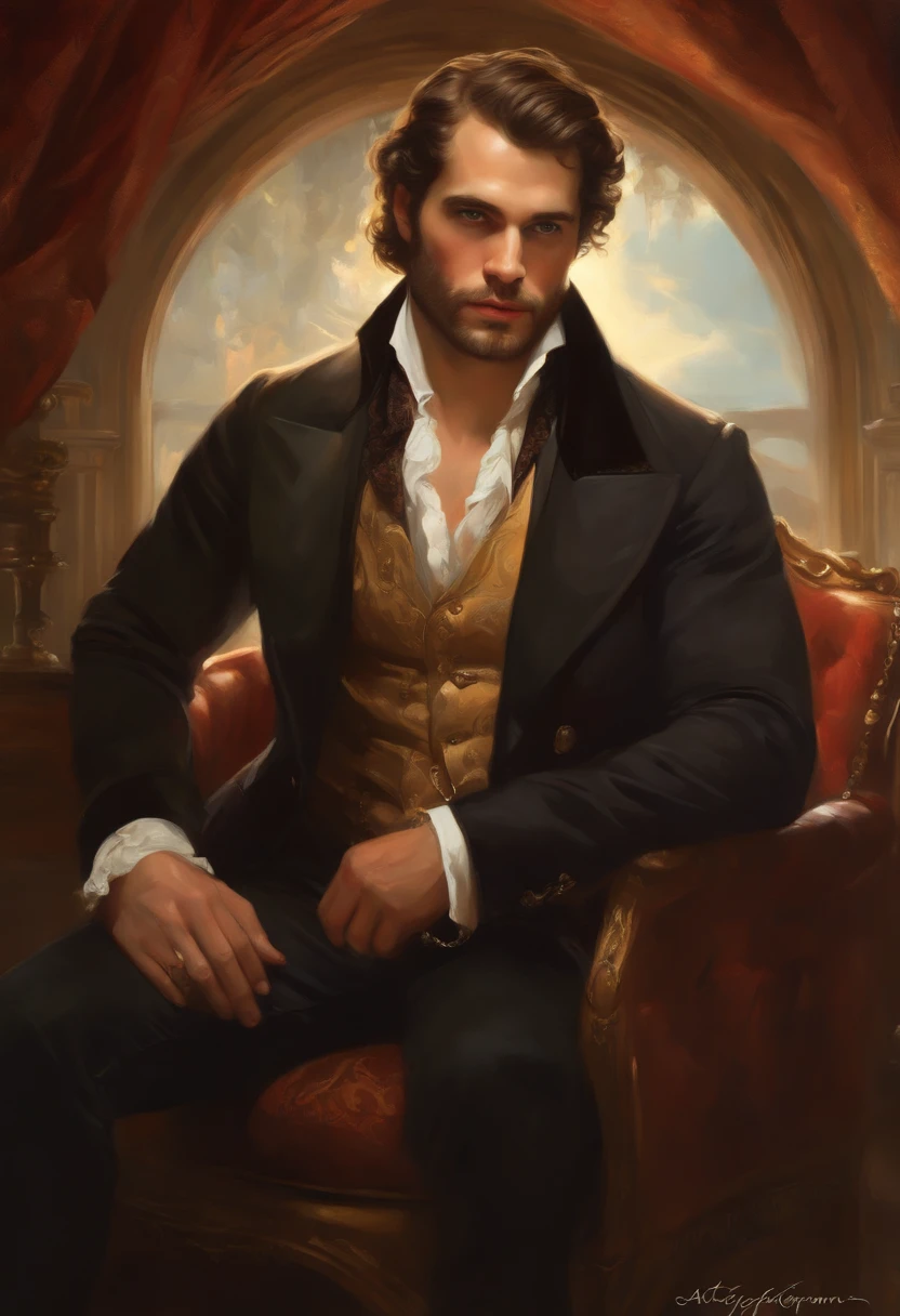 Painting of a handsome man with a beard and manly, ((with long, falling over his shoulders)) and an embroidered masculine suit, ((Duke, from the Victorian Era)), ((Henry Cavill style)), in the background of a brothel Paris, Bowater art style, Baroque digital painting, Renaissance digital painting, masterpiece! inspired by Franz Xaver Winterhalter, inspired by Friedrich von Amerling, beautiful character painting, beautiful digital painting, inspired by Thomas Lawrence, beautiful yywater painting, refraction, reflections, mirrors, prisms, sunlight, bright lights!! Complex, elegant, highly detailed digital painting, art station, concept art, sharp and soft focus, illustration, art by ( ( ( ( Artgerm ) ) ) ) and ( Greg Rutkowski )! and (((Alphonse Mucha))), eyes reflecting in eyes reflecting to infinity