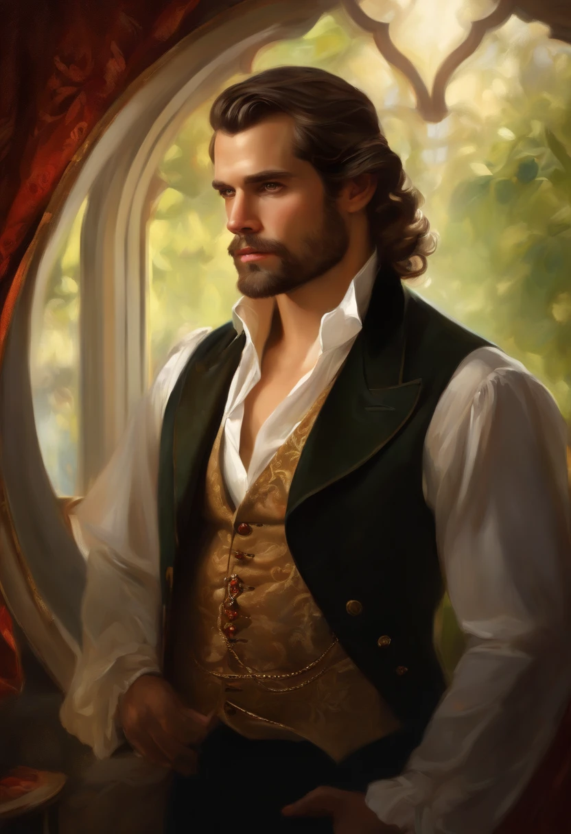 Painting of a handsome man with a beard and manly, ((with long, falling over his shoulders)) and an embroidered masculine suit, ((Duke, from the Victorian Era)), ((Henry Cavill style)), in the background of a brothel Paris, Bowater art style, Baroque digital painting, Renaissance digital painting, masterpiece! inspired by Franz Xaver Winterhalter, inspired by Friedrich von Amerling, beautiful character painting, beautiful digital painting, inspired by Thomas Lawrence, beautiful yywater painting, refraction, reflections, mirrors, prisms, sunlight, bright lights!! Complex, elegant, highly detailed digital painting, art station, concept art, sharp and soft focus, illustration, art by ( ( ( ( Artgerm ) ) ) ) and ( Greg Rutkowski )! and (((Alphonse Mucha))), eyes reflecting in eyes reflecting to infinity