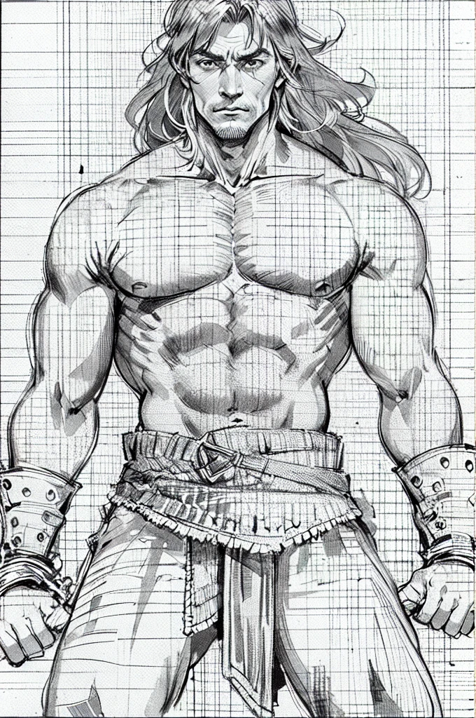 human old male, conan the barbarian, ((solo)), grayscale, monochrome, no background_with a pure white background, simple background, black and white art sketch