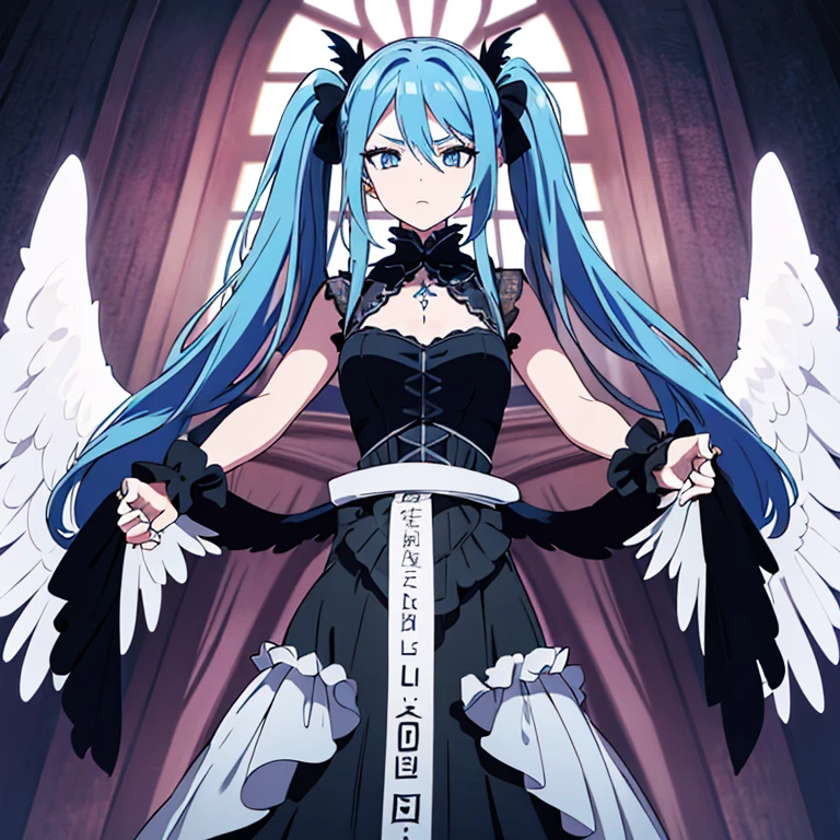 (masterpiece), girl with long blue hair in pigtails in black gothic gown and angel wings, detailed, centered, perfect hands, expressive eyes, dramatic pose, powerful pose