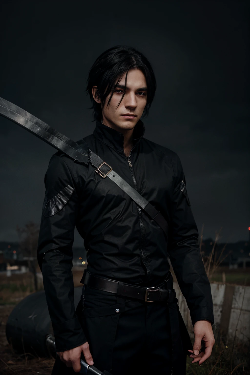male characters with scythes black eyes medium hair and very dark black clothes like an anime cartoon, segurando a foice