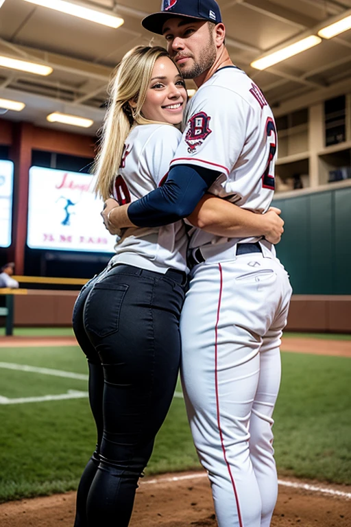 (vista de perfil) An innocent and cute eighteen-year-old girl with double ponytails naked kissing a man, american girl, without bra and panties, girl with a man, style, wearing cute white stockings and panties, embellished with animal hangings. beisball Stadium, Look into the camera