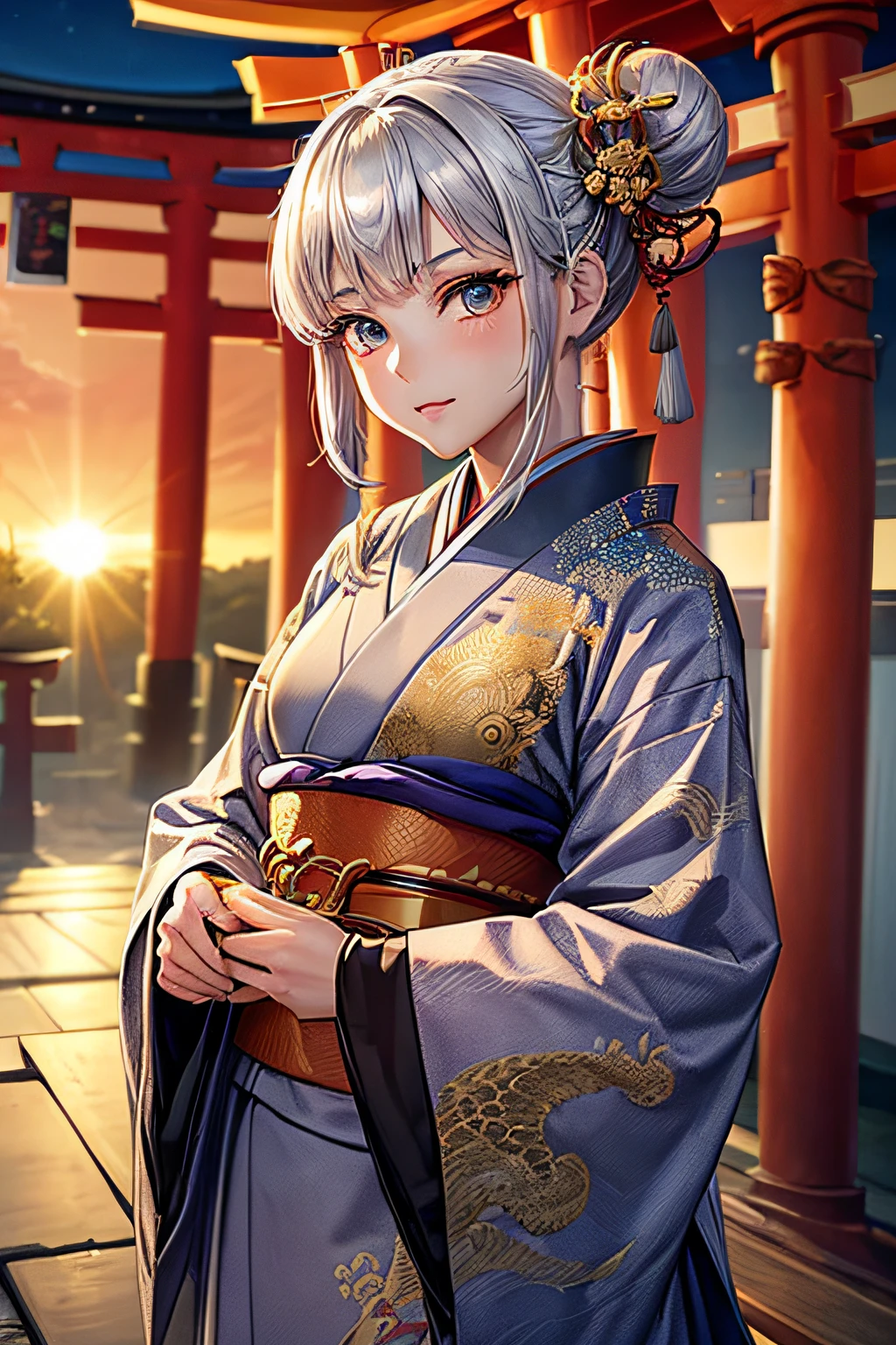 ((worst quality, low-quality)), ((girl with)), Solo, ((half updo, Silver hair)), plump shiny lips, ((Beautiful eyes):1.2), Spoken Heart, (traditional Japanese clothing:1.2), (Contains an intricate dragon pattern:1.3, with gold embroidery:1.4, Black Fabric:1.3), embarrassed, Standing, Looking at Viewer, Head tilt, (sunrise light, rays of the morning sun:1.4), (( The background is a torii gate in Japan)), high-angle shot, masutepiece, Best Quality, ultra-detailliert,