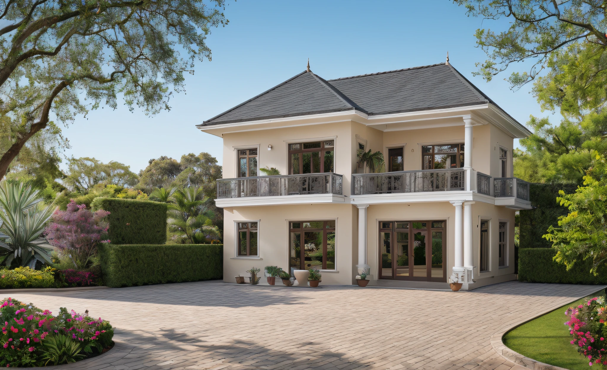 RAW photo,Masterpiece,high quality,best quality,authentic,super detail,exterior, villa, classical style, light beige wallpaint, grey rooftile, garden background, high detailed,8k uhd,dslr,soft lighting,high quality,photography shot with Leica CL with Leica Summilux-TL 35mm f-1.4 ASPH