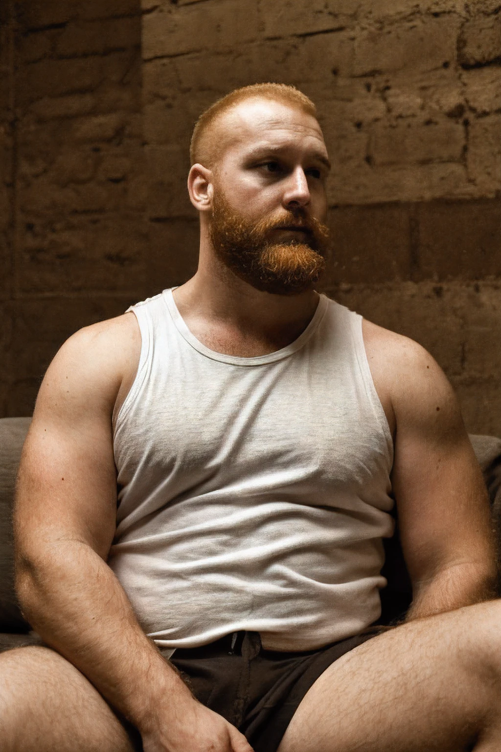 Paloroid image, old distroted, thirstrap, Hot hunky uncle, skinhead, bearded, ginger, handsome, beefy, unaware, looking away, ((natural, lifelike)), hairy, macho, ugly, wearing a white tank top:1.4, sitting on a couch, at home,