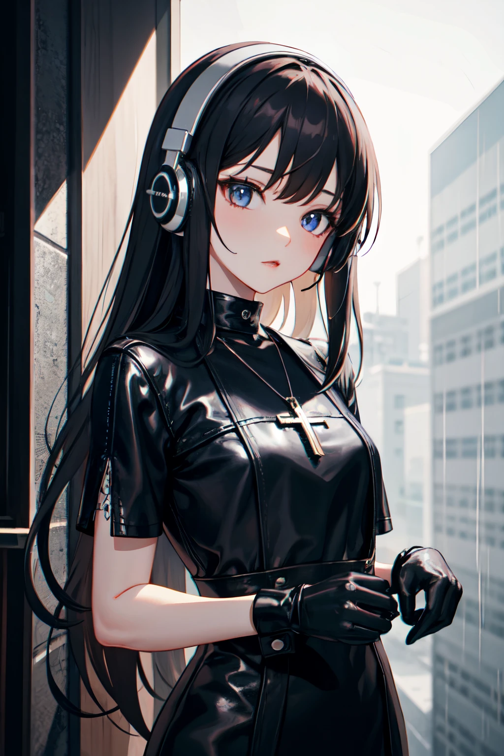 Girls Royal Sister with headphones, leather black gloves, white long hair, gothic style spider cross necklace, gentle wear shirt, rainy day