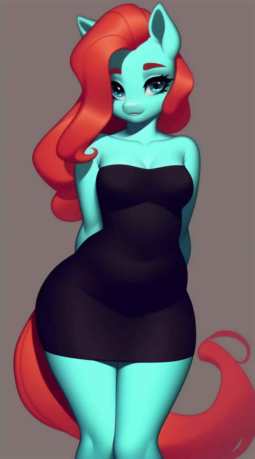 (score_9), (source_pony), (solo), (earth pony), ((anthro jazz hooves :1.1)), (strapless tight dress), sexy, nervous , long hair, anatomically correct, night garden, standing near fountain, small breasts, half body, anime art style, solo, Light turquoise fur, Light red to magenta hair, two tone hair, Teal eyes, arms behind back, hourglass figure, curvy, wide hips, plump body, young, short, chubby,((teenager))