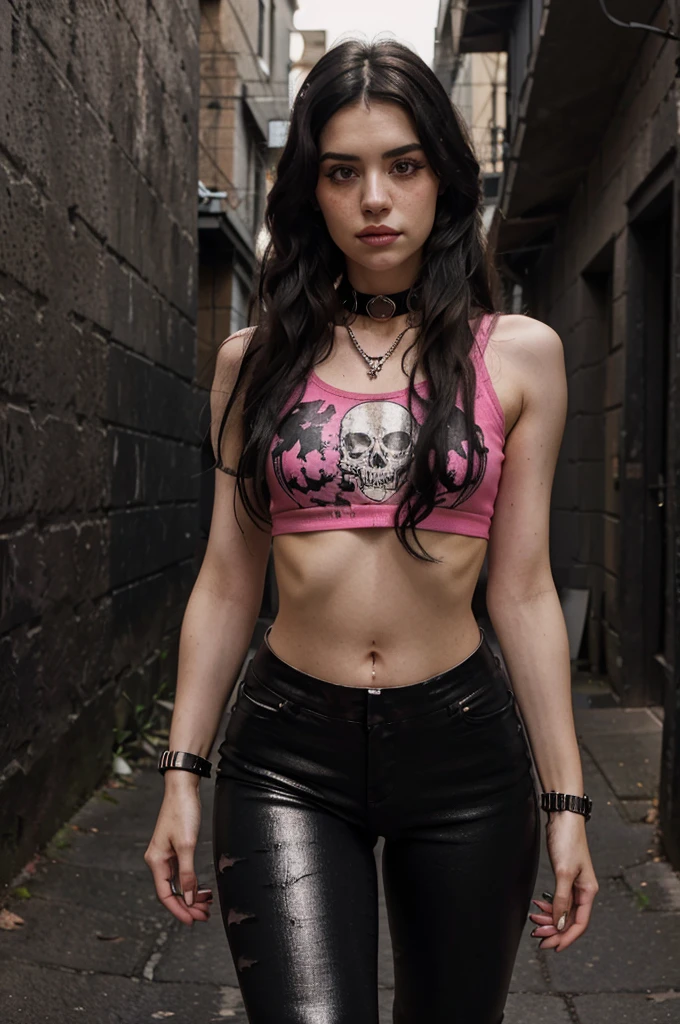 1 woman, ((long black hair with pink details in the hair)), wearing a choker, gothic art, many details, wears bright lipstick, ultra realistic image, dark hair bangs, beautiful appearance, naughty gothic girl charlotte, photo of the upper body, ((the woman is wearing a tight-fitting t-shirt with a skull print)),
  ((she is wearing tight black pants and black high-heeled shoes with metallic details)), ((she is wearing a metal necklace with a figure of a skull)), ((on her wrist she has a bracelet of barbed metal)), ((on each of her fingers she wears a metal ring)), ((her physical build is thin with prominent bones)), ((her easy expression is that of a serious woman) ), (HDR: 1.5), detailed, muted colors, frecklesQuality top, (bright lighting: 0.7), masterpiece, Wide angle shot, RAW photo, ((a dark alley is seen in the background))