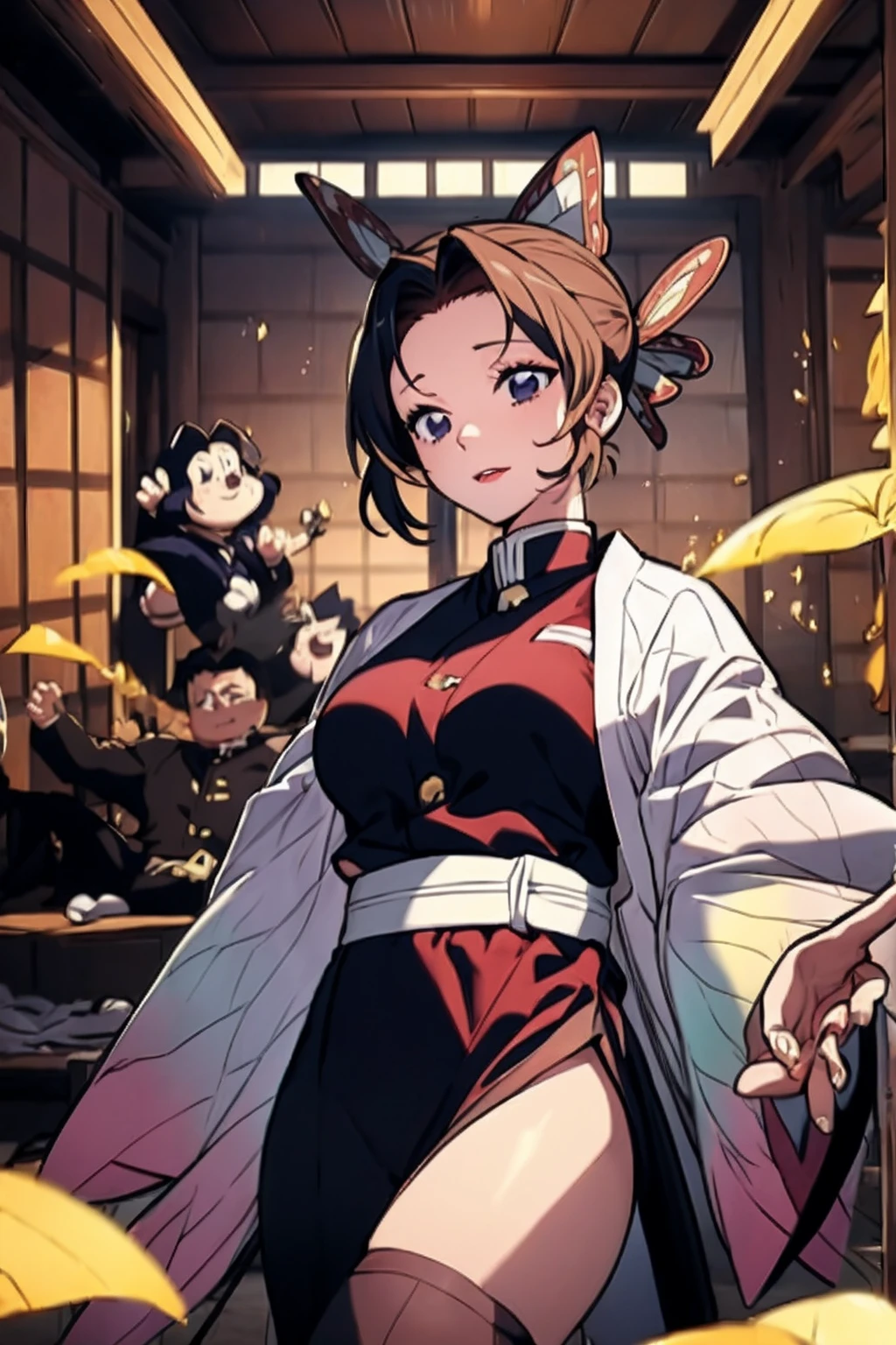 ((porte long kimono japonais)) ;une femme avec des cheveux rouges et un kimono japonais ,Kim Possible, illustration dessinée, dans le style dessin animé, personnage d’animation, Personnage de dessin animé, bande dessinée, Mary Jane, taille, inspiré par Daphne McClure, dessin animé, Photo de Slim Girl, , she is well covered only her face can be seen, ((position de combat)), ((dans un dojo de combat à l'épée)),dojo,dojo,dojo