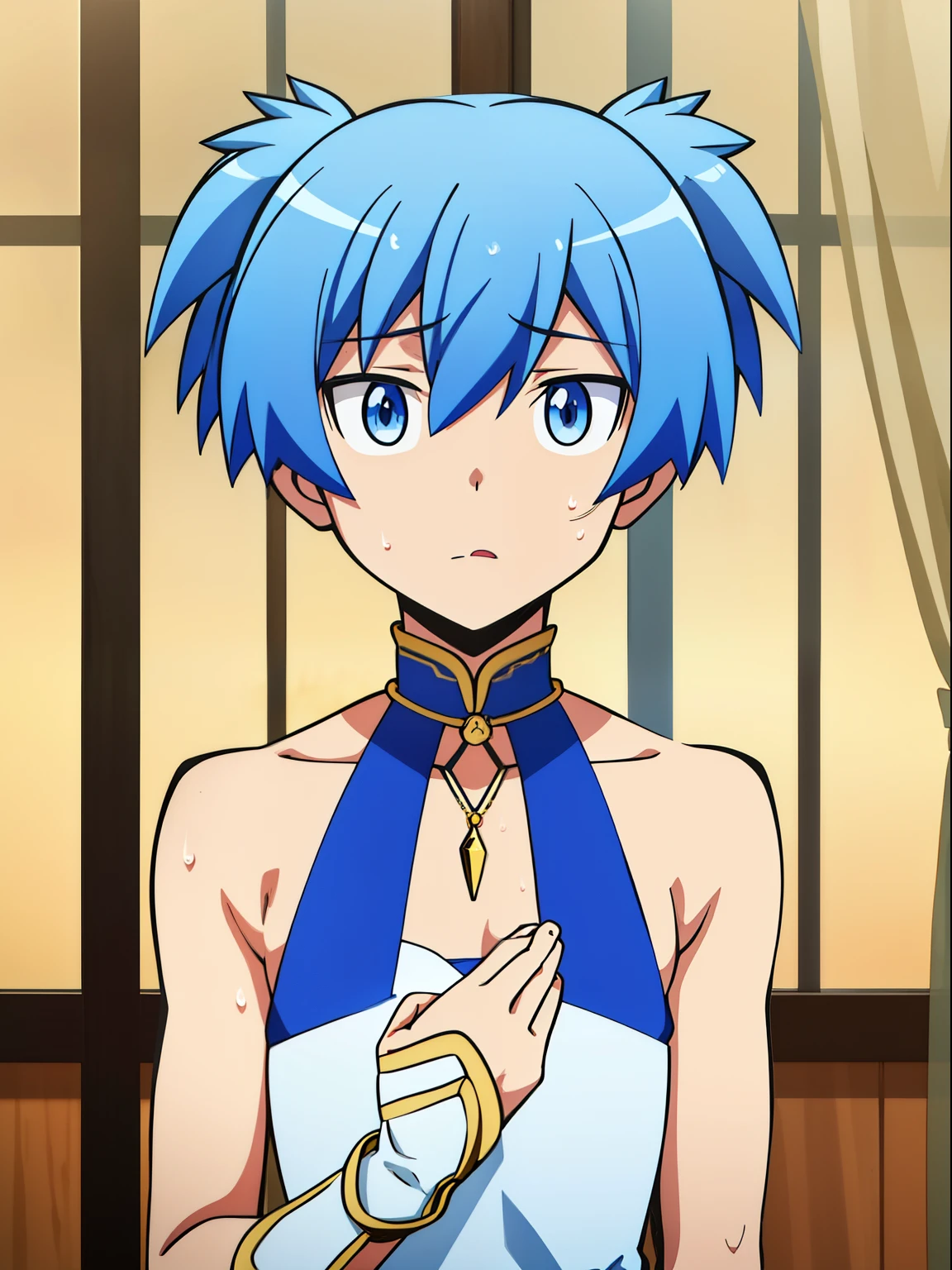 masterpiece, best quality, high quality, 1boy, solo, male focus, looking at viewer, upper body, shiota_nagisa, blue hair, blue eyes, short twintails, Shy, Sweat, Transparent veil covering the head, Gold necklace, Elbow glove, Halter dress, White dress, party at night