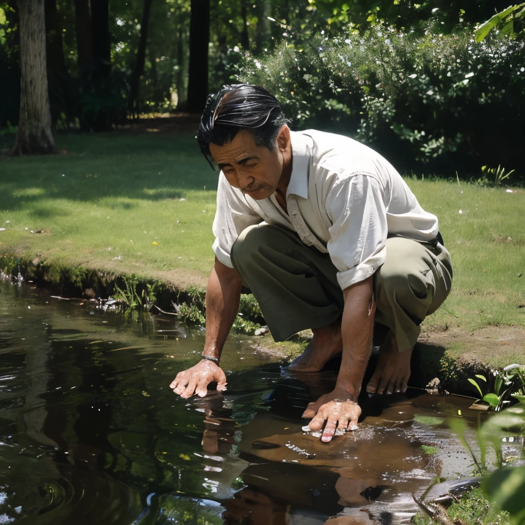 Man in old rags. kneeling down. On ground cover with water, in reflection is upside down man, standing up strait, Bathed in light, angel wings, feet touching feet of top half man