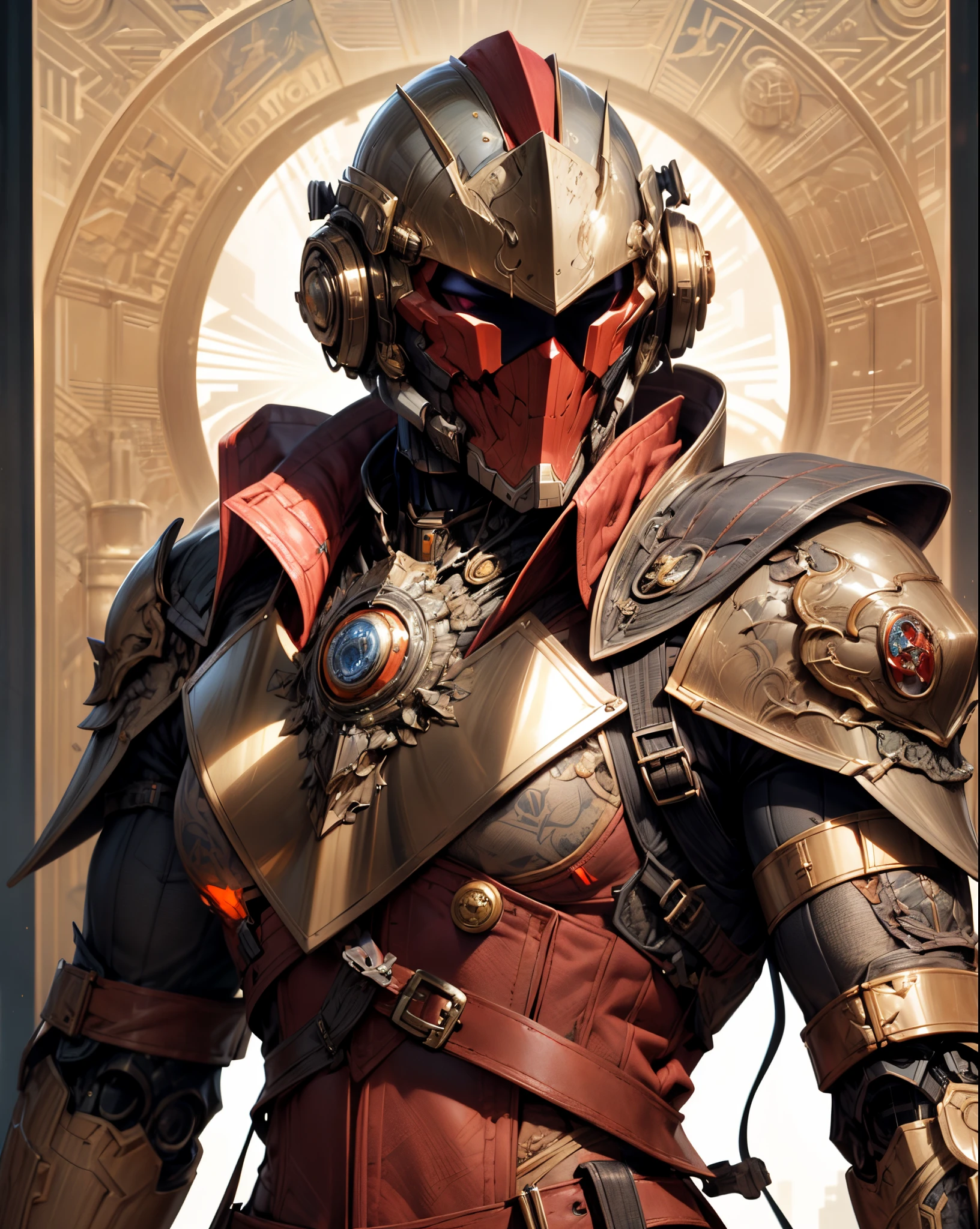 (((An epic and visually stunning digital anime masterpiece featuring a sylphlike masculine ((male:1.5)) decorated military dieselpunk cyborg soldier clad in a sleek yet tactical armored yet decorated leather military trench coat:1.2))), (((flat masculine male chest:1.5, full head covered by a mechanical mecha knight helmet with a narrow visor:1.5))), (((the character adorned in a (scifi tactical armored open front trench coat with a built in exoskeleton) (over a form fitted armor plated yet super sleek and revealing under suit with waist cut outs), the armor plating on the upper arms and shoulders beautifully engraved))):1.4. The image showcases the intricacies of the character’s armor and clothing:1.5, ((capturing their flamboyant essence and heavy mecha aesthetic:1.2)). The character also possesses an androgynous charm, (((with slim yet heavily muscled physique:1.2, sylphlike with a sleek waist, toned yet beautifully sleek cybernetic arms:1.3, mechanical arms and legs:1.3, mecha muscles:1.3))), looking at viewer, (((brass metal armor and brown leather, dieselpunk:1.3))), (((depth of field, cinematic lighting, chromatic aberration, ray tracing, UHD, masterpiece, no hair, super detail, high details, high quality, award winning, 8k, highres)))