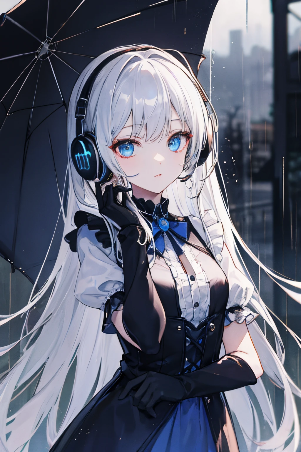 Anime girl with headphones and umbrella in the rain - SeaArt AI