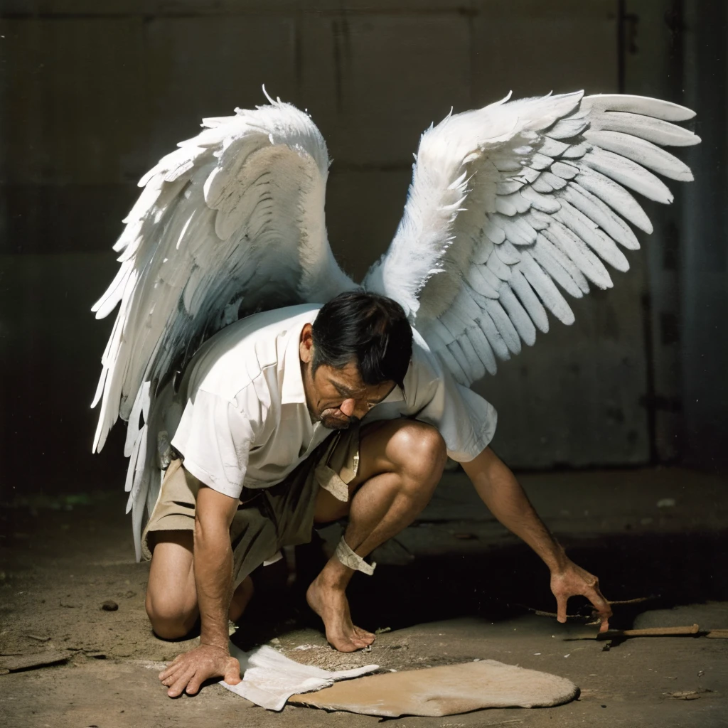 Picture split into 2 horizontally. Top half: man in old rags kneeling down on the ground, humble.  Bottom half: upside down man standing up strait,  feet touching feet of top half man. Bathed in light, angel wings