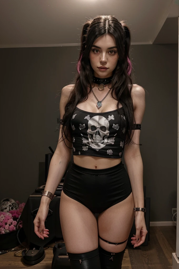 1 woman, ((long black hair with pink details in the hair)), wearing a choker, gothic art, many details, wears bright lipstick, ultra realistic image, dark hair bangs, beautiful appearance, naughty gothic girl charlotte, photo of the upper body, ((the woman is wearing a tight-fitting t-shirt with a skull print)),
((she is wearing tight black pants and black high-heeled shoes with metallic details)), ((she is wearing a metal necklace with a figure of a skull)), ((on her wrist she has a bracelet of barbed metal)), ((on each of her fingers she wears a metal ring)), ((her physical build is thin with prominent bones)), ((her easy expression is that of a serious woman) ), (HDR: 1.5), detailed, muted colors, frecklesQuality top, (bright lighting: 0.7), masterpiece, Wide angle shot, RAW photo