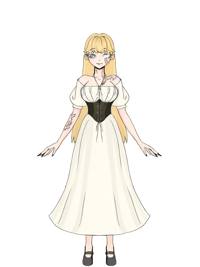 um desenho de uma mulher com um vestido branco e faixa preta, gothic maiden anime girl, an elegant gothic princess, Loli no vestido, vestido com uma renda medieval, Cute anime waifu in a nice dress, rei hino as a princess, Nico usando um vestido branco, menina anime loira com cabelo longo, usando um vestido folkdrakt branco, Nosferatu Princesa, com varias cicatrizes, adicionar orelhas de coelho